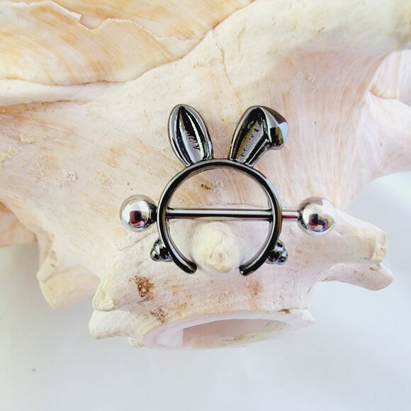 14G Black Bunny Rabbit Stainless Steel Nipple Shield piercing jewelry - Picture 3 of 5